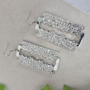Statement Silver Razor Blade Shape Earrings With Clear Rhinestones